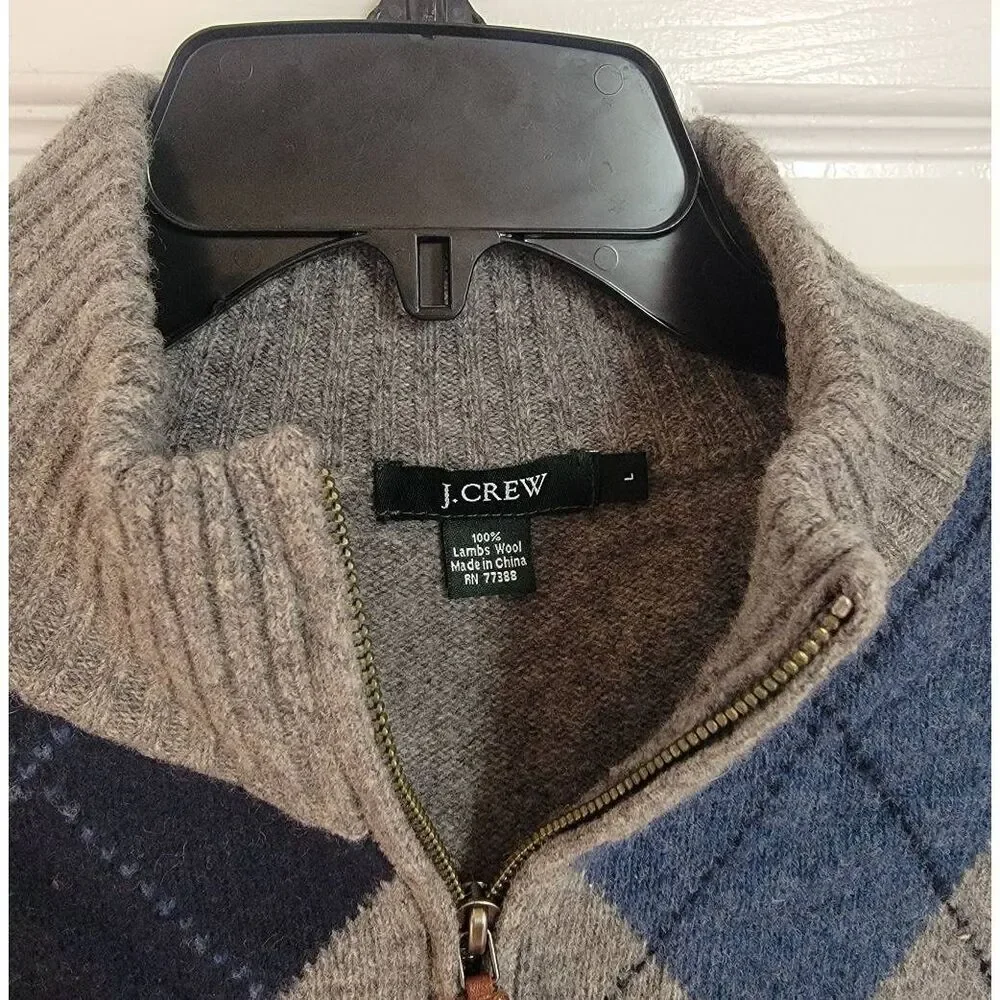 J.Crew Wool Argyle Grey Blue Sweater 1/2 Zip L